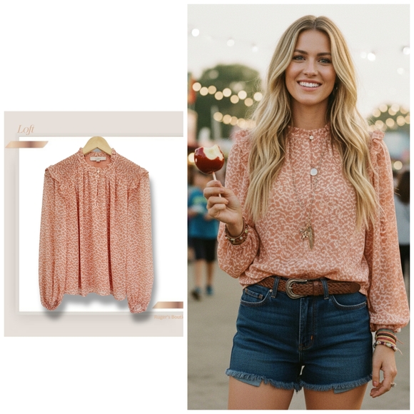 LOFT Tops - 🌿Loft Ruffled High Neck Sheer Sleeve Blouse - Peach Abstract Print - Size Med.